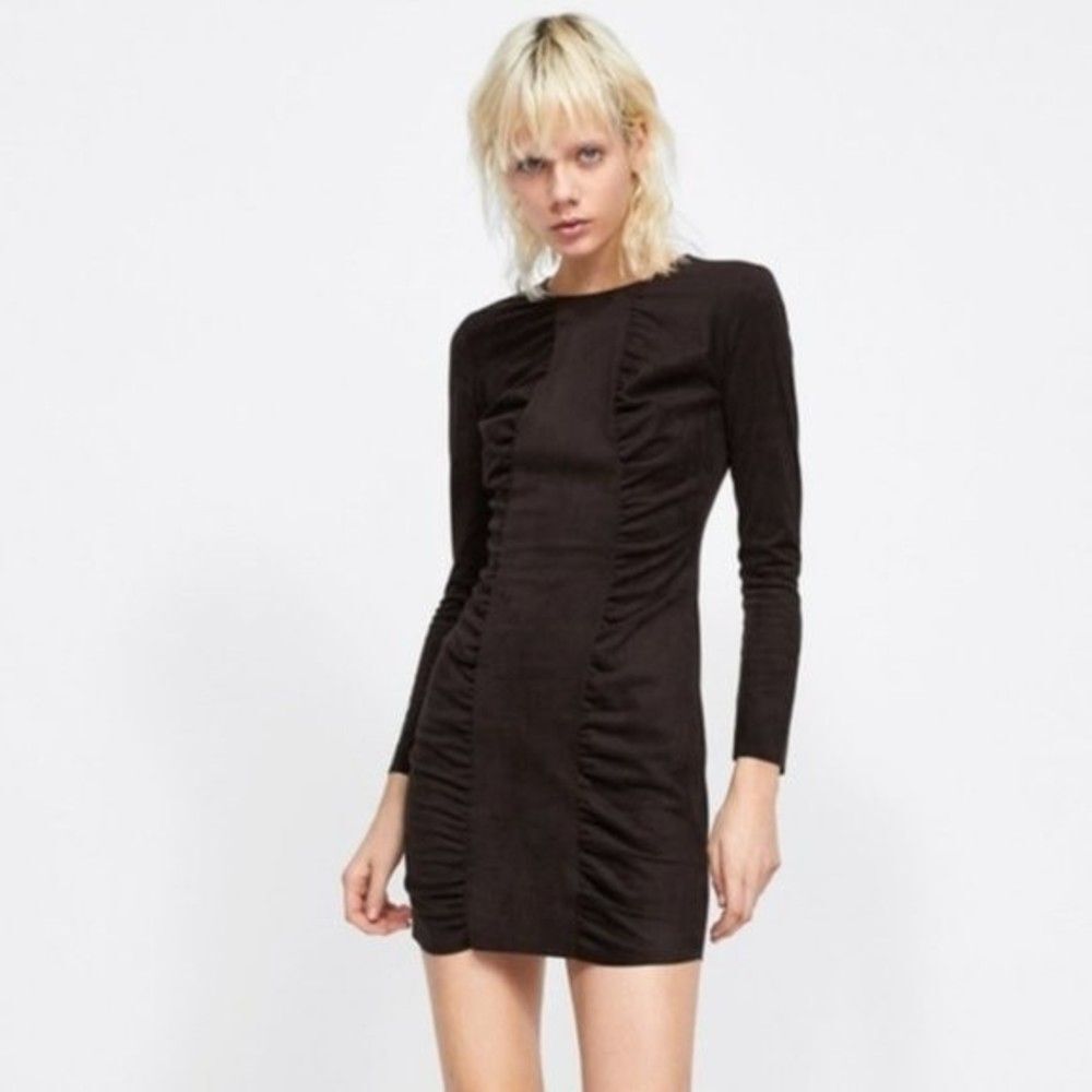 Zara Chocolate Brown Faux Suede Ruched Dress  XS